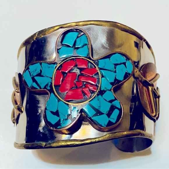 Turquoise and Red Floral Cuff Bracelet - Picture 1 of 8